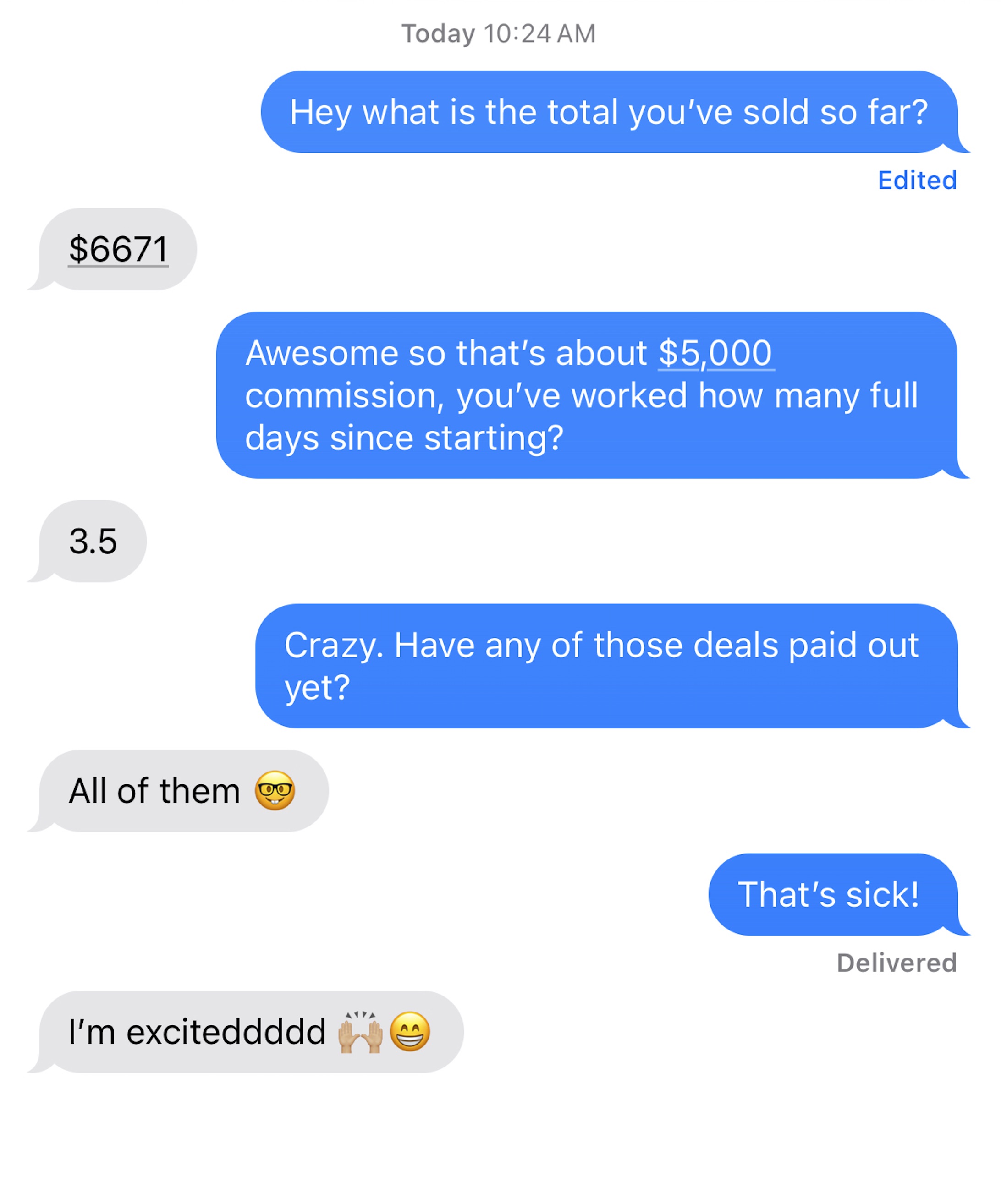 Text conversation: agent's commission and paid-out deals
