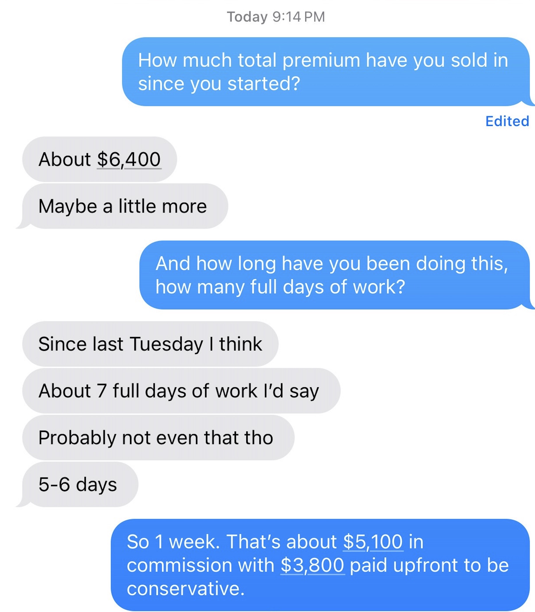 Text conversation: premium sold in the first week