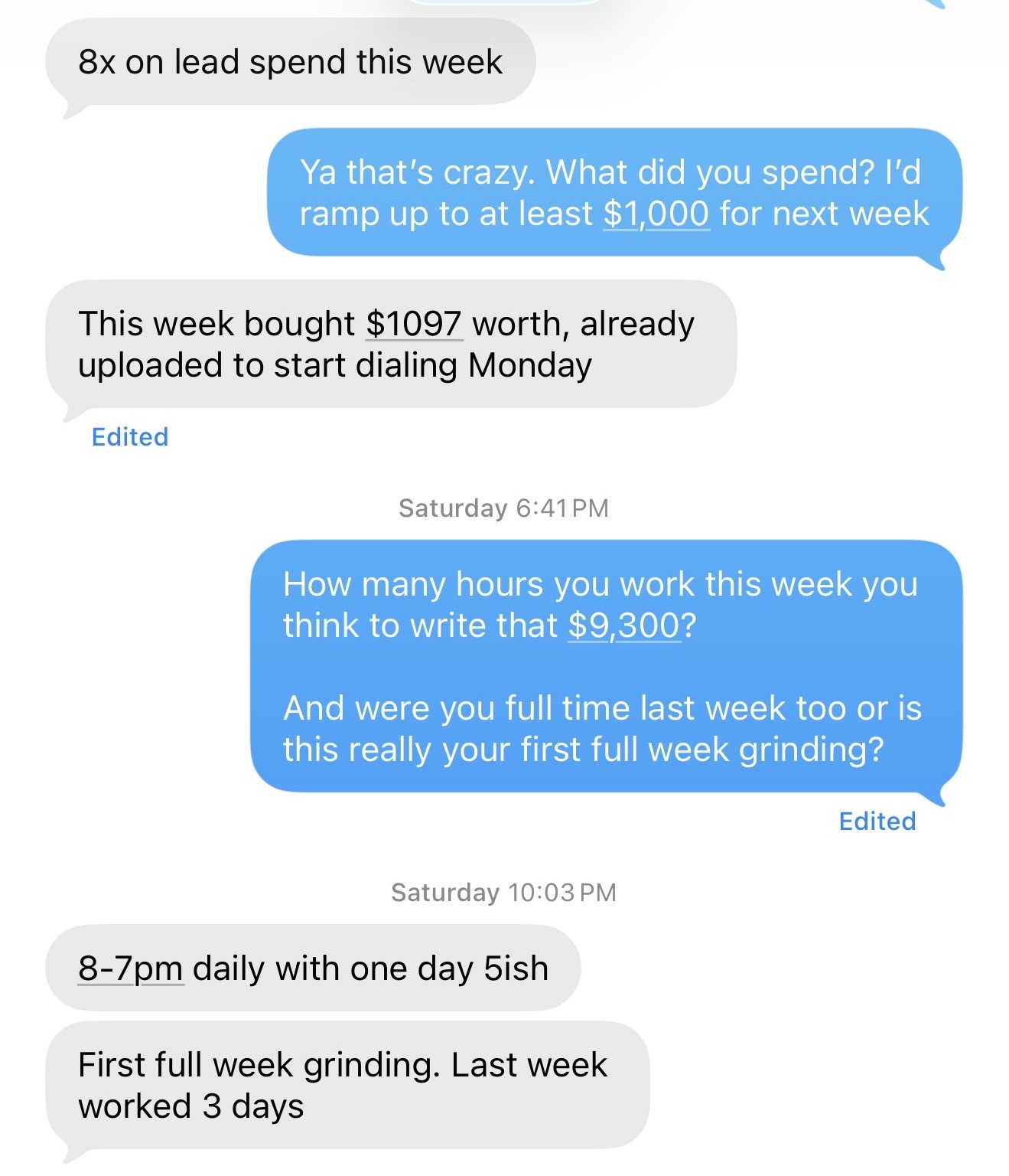 Text conversation: lead spend and weekly production