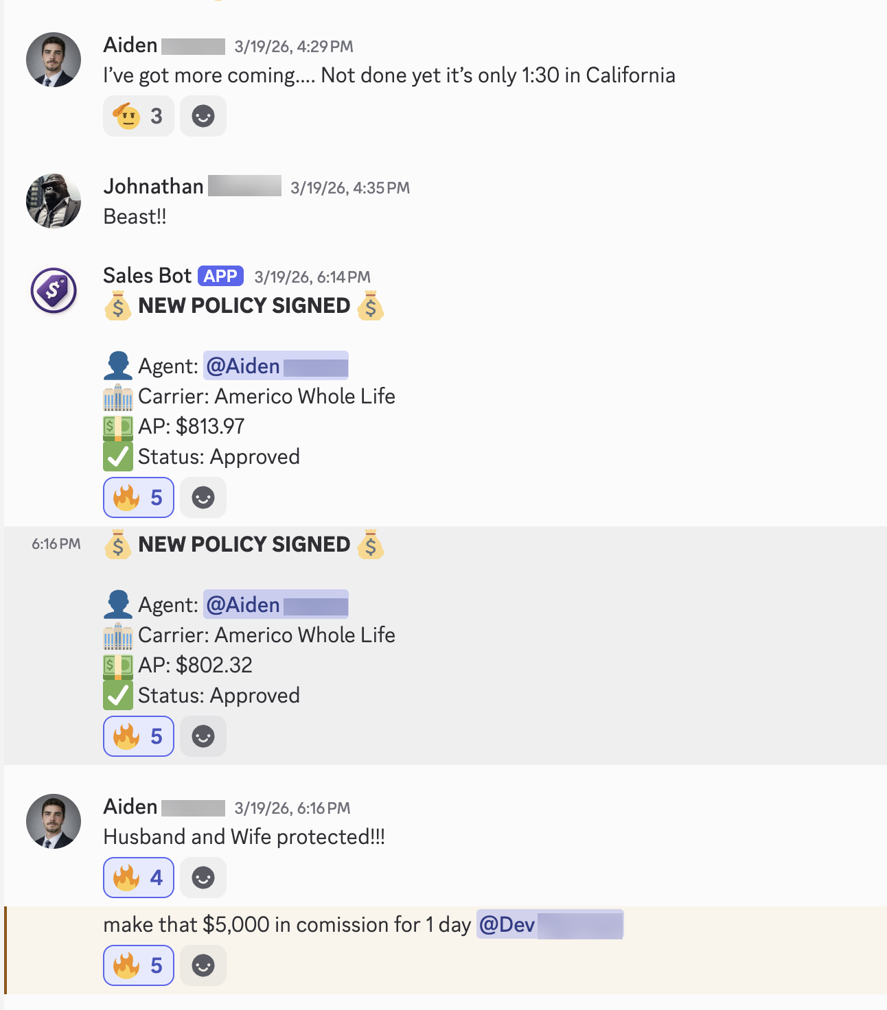 Sales bot: new policies signed by an agent